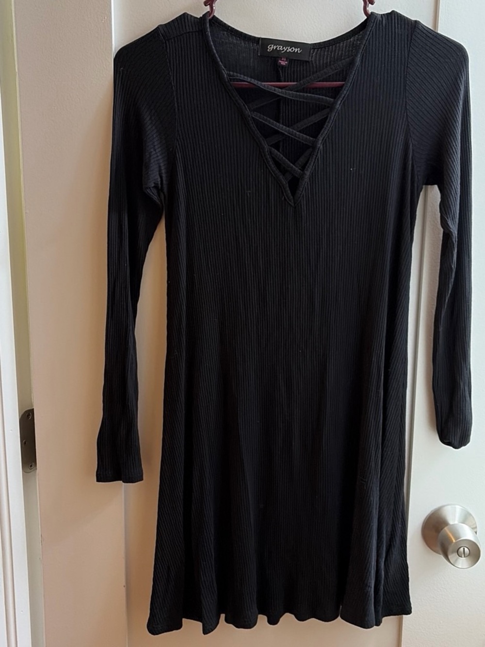 Grayson Threads Black Ribbed Long-Sleeve Crisscross V-Neck Dress